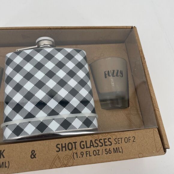 Buffalo Plaid Hip Flask Shot Glass Set Warm Fuzzy Black White Gingham NEW Gift - Picture 3 of 4